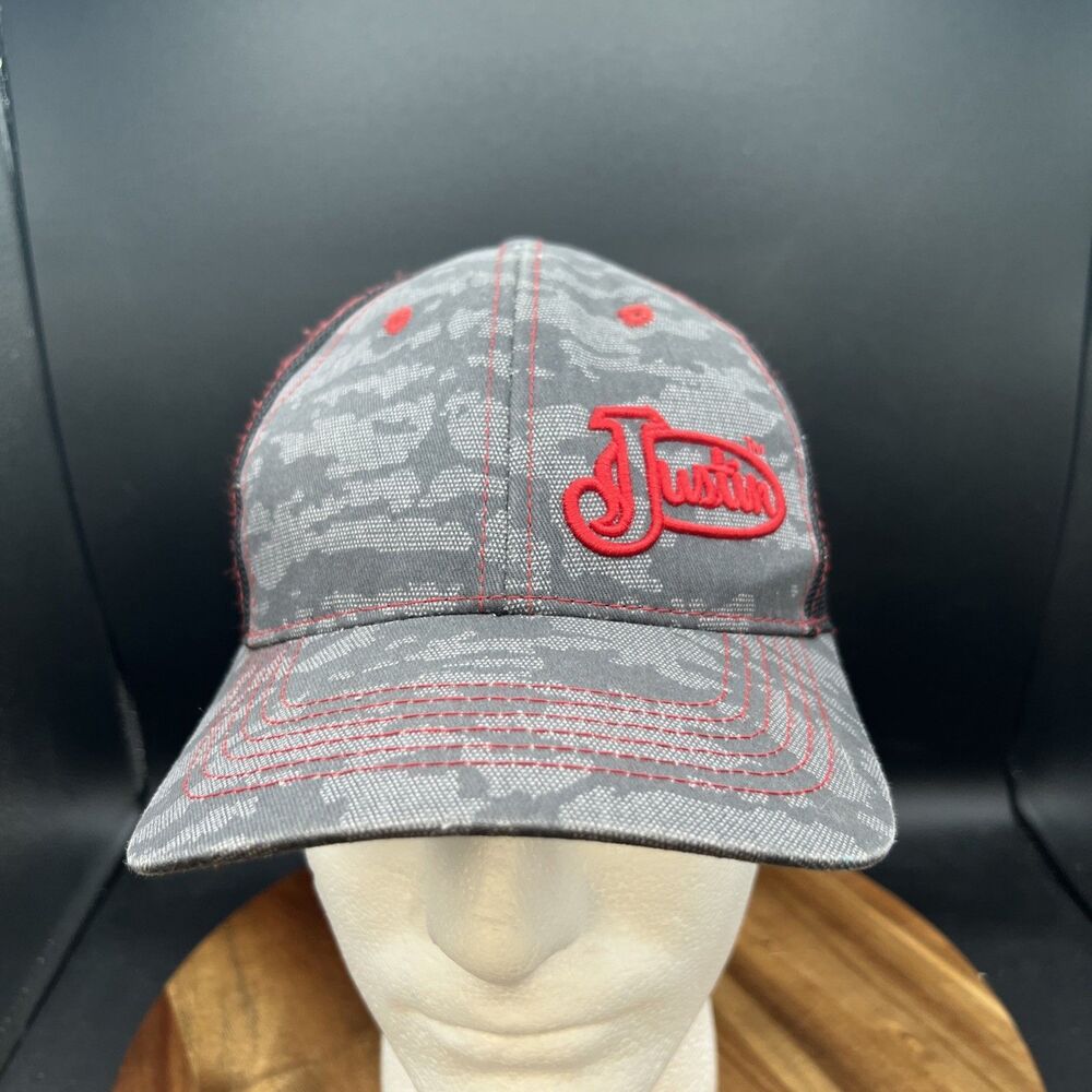 Justin Black Gray Red Camo Snapback Mesh Back Trucker Cap Hat